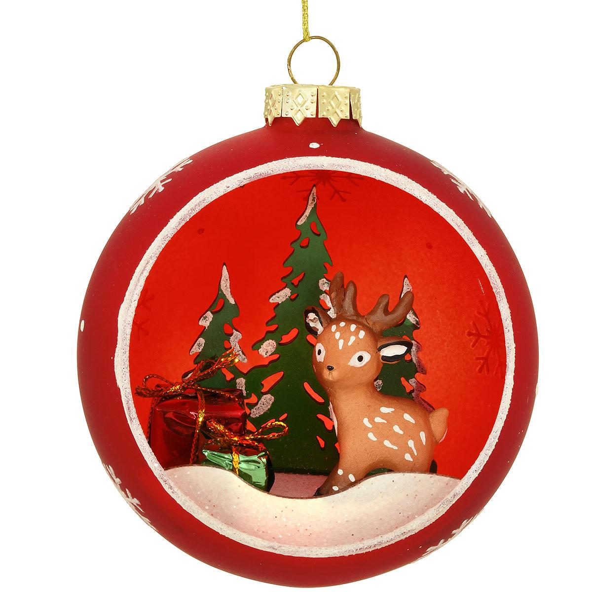 Deer/Trees/Gifts In Ball 4 Inch Glass Ornament